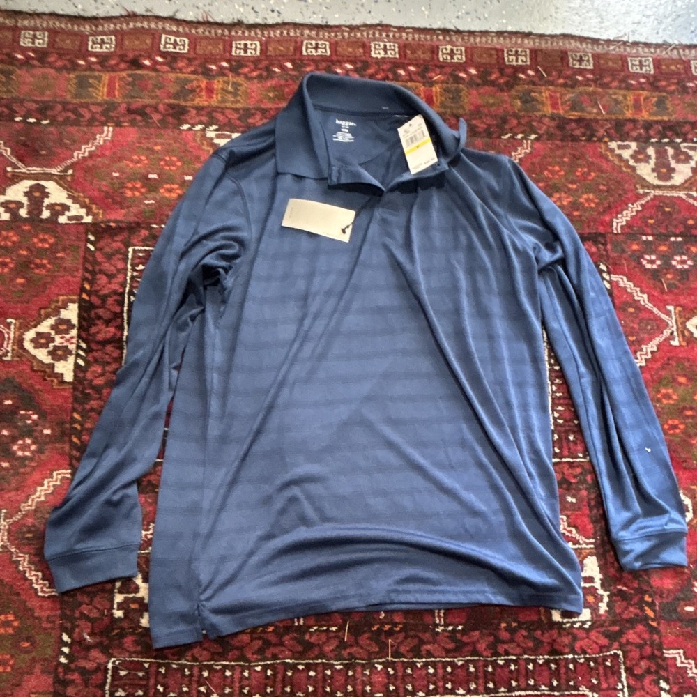 Haggar Polo Shirt Men M Blue Striped Long Sleeve Collared Pullover Polyester